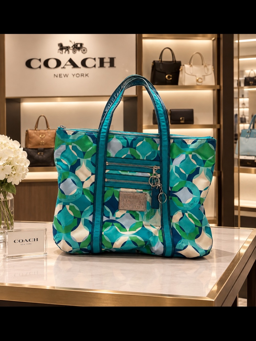 Coach Poppy Kaleidoscope Glam Tote 14747 w/ Dual Hang Tags Blue Green